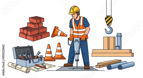 Construction worker operating a jackhammer on a site.