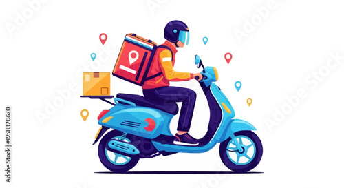 Delivery person riding scooter with package and backpack.
