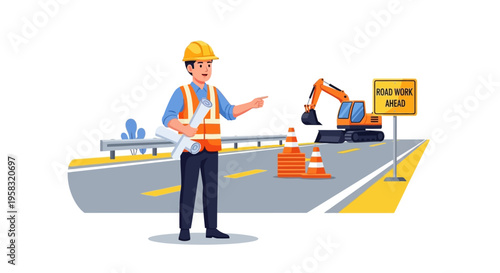 Construction worker overseeing road repair project with excavator.