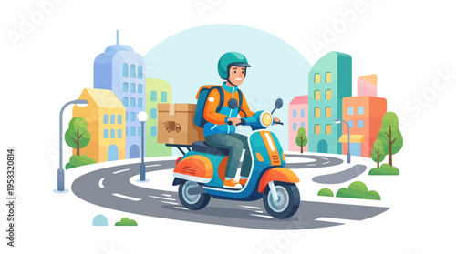 Delivery person riding scooter with package in city.
