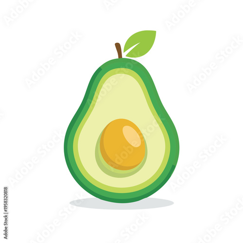Brightly colored illustration of a sliced avocado with a prominent pit and a green leaf