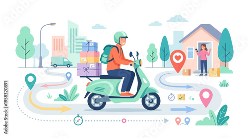 Delivery person riding scooter with packages.