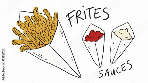A doodle illustration of frites and sauces in cone containers on white