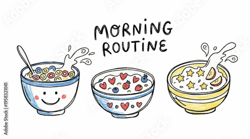 Three colorful cereal bowls with milk splashes and designs in morning routine