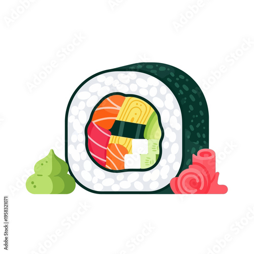 Delicious Sushi Roll with Fresh Ingredients and Condiments.