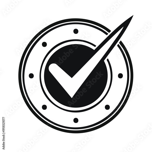 Clean graphic symbol of a white checkmark inside a black circular stamp with dots