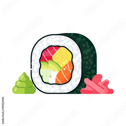 Delicious Sushi Roll with Fresh Ingredients and Condiments.