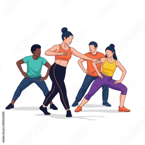 Diverse group of people engaged in a lively fitness class.