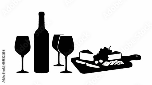 A still life illustration of a wine bottle, glasses, cheese, and grapes on a tray indoors