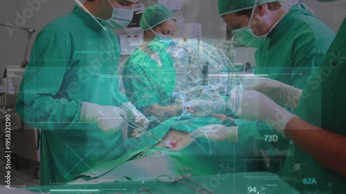Animation of network of connections over surgeons operating on patient in theatre