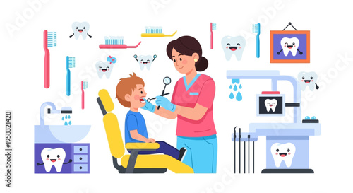 Dentist examining young boys teeth in dental chair.