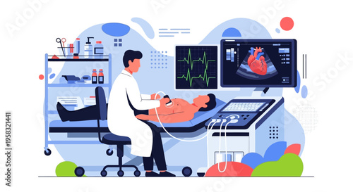 Doctor performing ultrasound on patient chest for cardiac examination.
