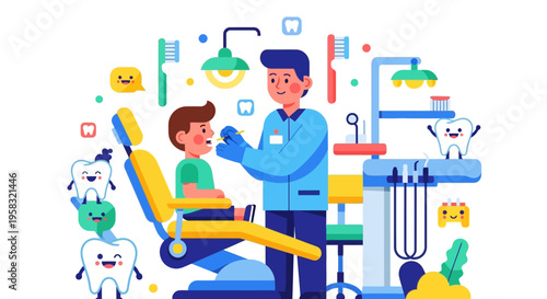Dentist examining young boys teeth in dental chair.