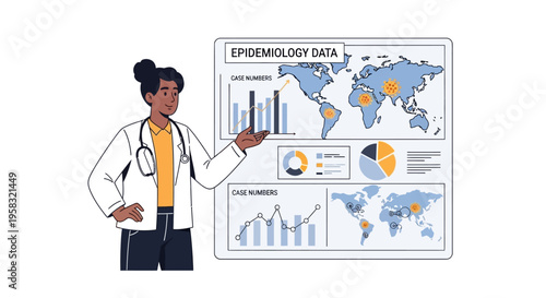 Doctor presenting epidemiology data on world map charts.