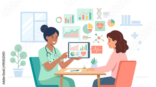 Doctor showing medical data to patient on tablet.