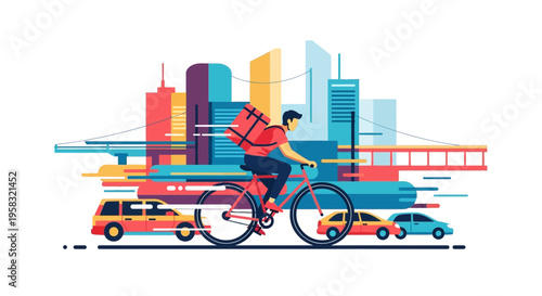 Delivery man on bicycle with red backpack in city.