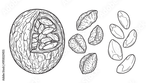 Brazil nut seed vector illustration including whole shell and peeled kernel on transparent backdrop