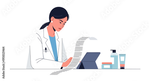 Doctor reviewing long document with medical supplies nearby.