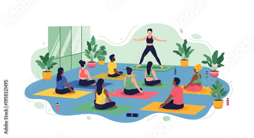 Diverse group of people practicing yoga in a class led by an instructor.