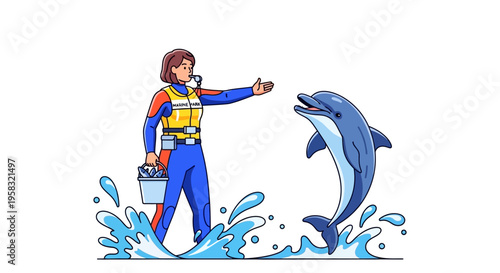 Dolphin Trainer Interacting with Dolphin in Water.