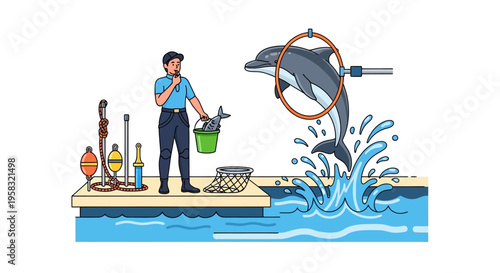 Dolphin trainer directing a jump through hoop.