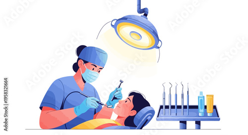 Dentist performing dental examination on patient with modern equipment.