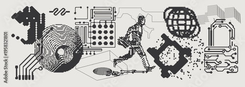 Abstract Vector Graphics Collection, Y2K Brutalist Style, Cyberpunk Glitch Elements, Pixelated Geometric Shapes.