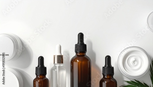 Various cosmetic bottles and jars arranged on a white background with natural elements