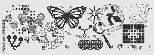 Abstract Vector Graphics Collection, Y2K Brutalist Style, Cyberpunk Glitch Elements, Pixelated Geometric Shapes.