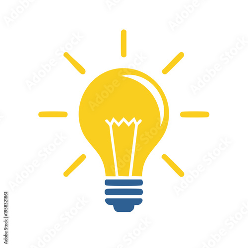 Bright idea concept graphic with a yellow glowing lightbulb and rays on a white background