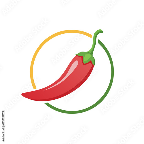 Bright red chili pepper curved within a circular emblem of yellow and green rings