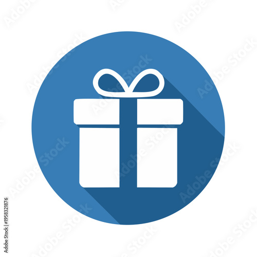 Gift box icon with ribbon and shadow on blue circle background