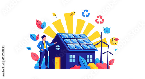 Eco-friendly house with solar panels and wind turbine illustration.
