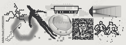 Abstract Vector Graphics Collection, Y2K Brutalist Style, Cyberpunk Glitch Elements, Pixelated Geometric Shapes.