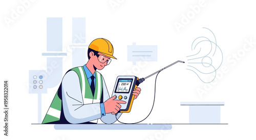 Engineer using handheld device for inspection.
