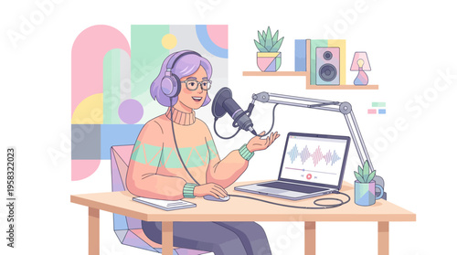 Elderly woman with headphones recording podcast at desk.