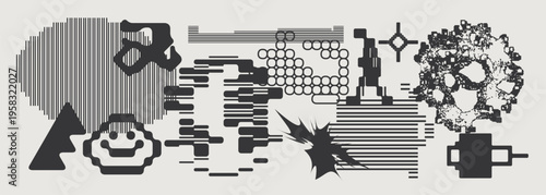 Abstract Vector Graphics Collection, Y2K Brutalist Style, Cyberpunk Glitch Elements, Pixelated Geometric Shapes.
