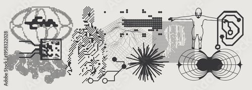Abstract Vector Graphics Collection, Y2K Brutalist Style, Cyberpunk Glitch Elements, Pixelated Geometric Shapes.