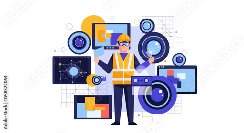 Engineer Wearing VR Headset Surrounded by Technology Elements.