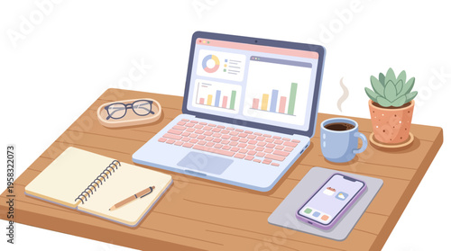 Desk with Laptop and Office Supplies Illustration.