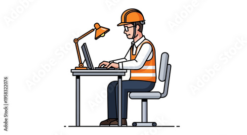 Engineer working on laptop at desk with safety gear.