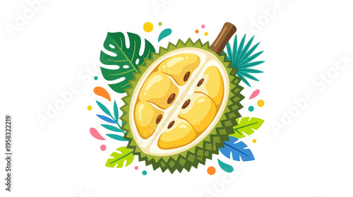 Exotic Durian Fruit Slice Tropical Leaves Illustration.