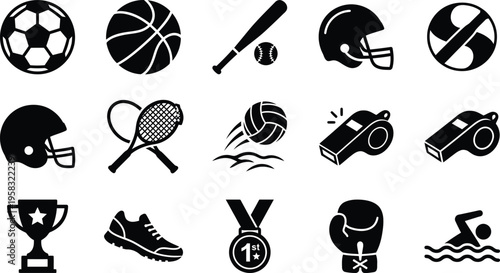 Soccer, Basketball, Baseball and Fitness Gear Vector Set Sports Equipment Silhouette Icons