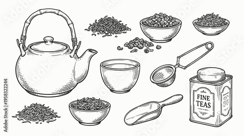 Vector line drawing of a tea set with scattered leaves and a tin