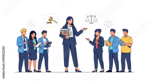 Diverse group of professionals in a meeting discussing legal matters.