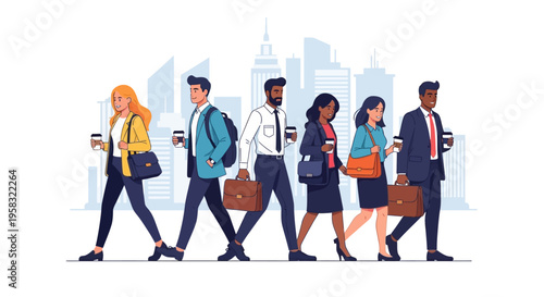 Diverse group of professionals walking in a city street.