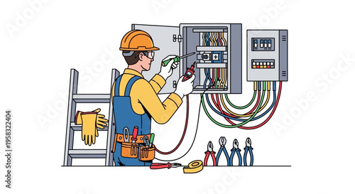 Electrician working on electrical panel with tools and ladder.