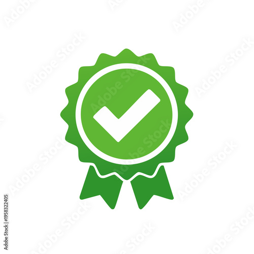 Green Check Mark Emblem with Ribbon for Approved or Verified Status