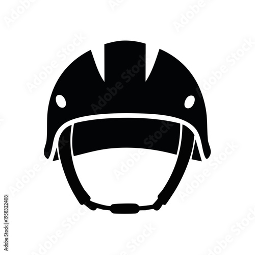 Black bicycle helmet graphic icon with adjustable straps and vents for head protection