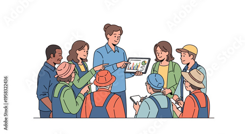 Diverse group of workers and a leader in a meeting.